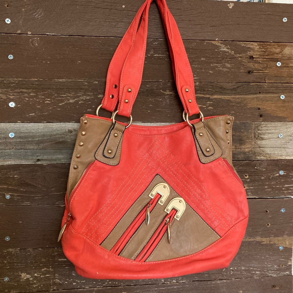 Coral & camel/tan, gold studded, purse.